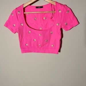 Dollhouse Neon Pink Embellished Crop Top | White Floral Detail Statement Top